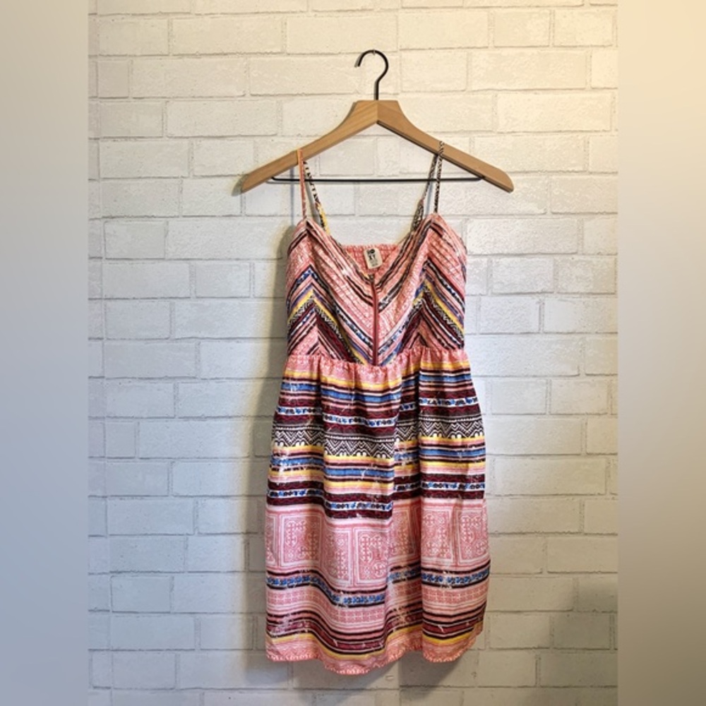 Roxy Silky Tribal Print Pink & Blue Thin Strap Mini Sundress